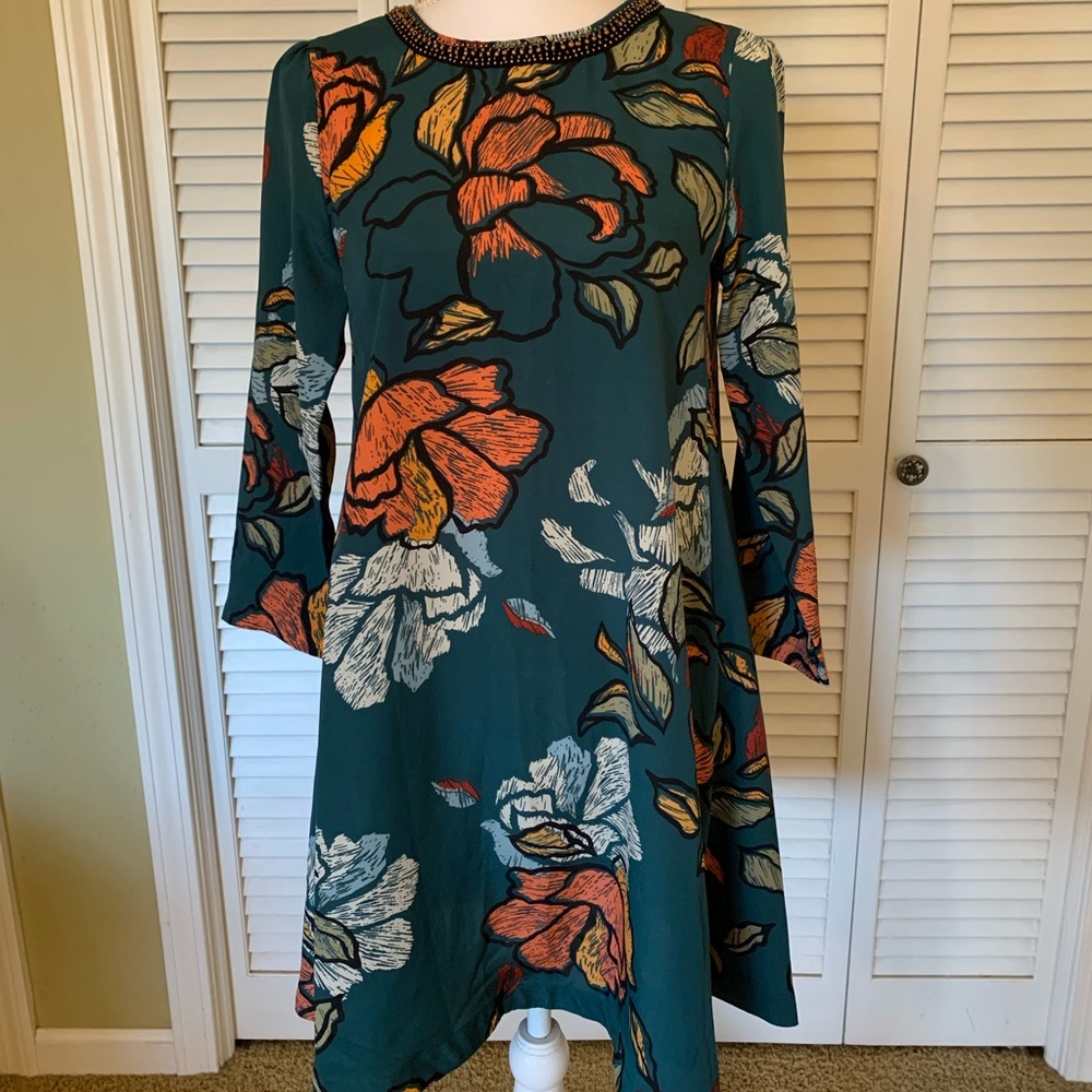 Anthropologie Maeve Sketched Peonies Floral Print Beaded Neck Swing Tunic Dress